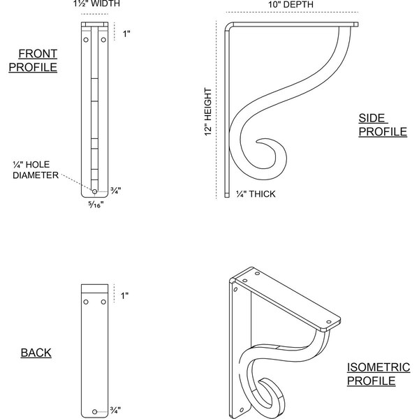 Ashford Single, Wrought Iron Bracket, (Single Center Brace), Antiqued Silver 1 1/2W  X 10D X 12H